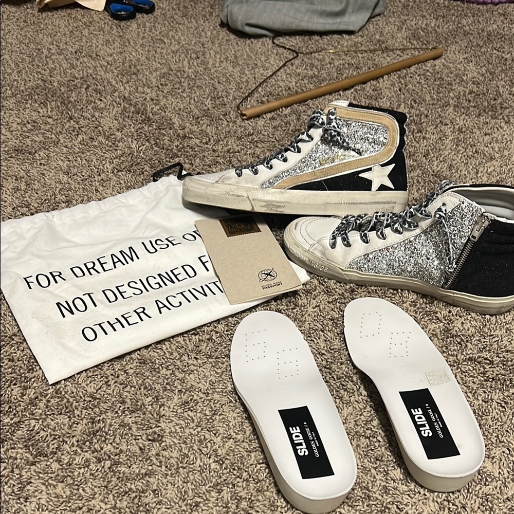 Golden Goose slides- Neutral Silver and Black slides Top Sneakers- worn 3 times!